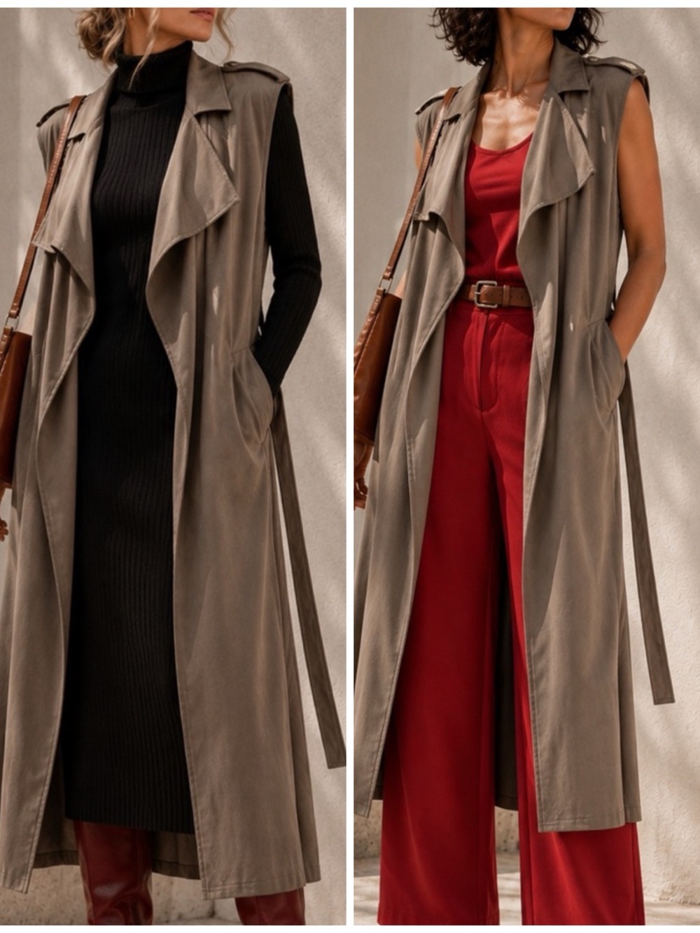 RUDSAK Sleeveless Faux Suede Duster Wrap Trench Vest Coat in Taupe XS fit S-M